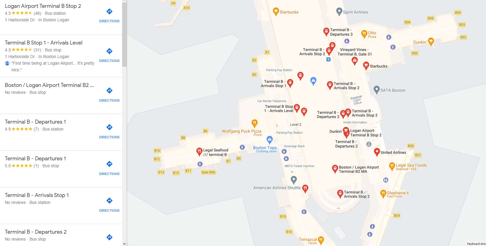 Services of terminal B in Boston Logan Airport